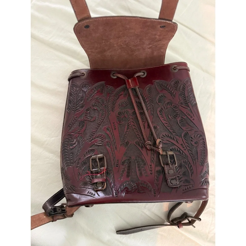 Handmade Genuine Tooled Leather Backpack Oxblood Western Boho Artisan